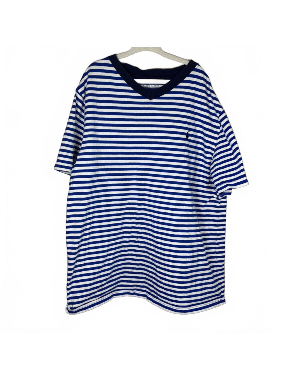 Ralph Lauren Boys L 14-16 Blue White Striped V Neck T Shirt Pony Logo